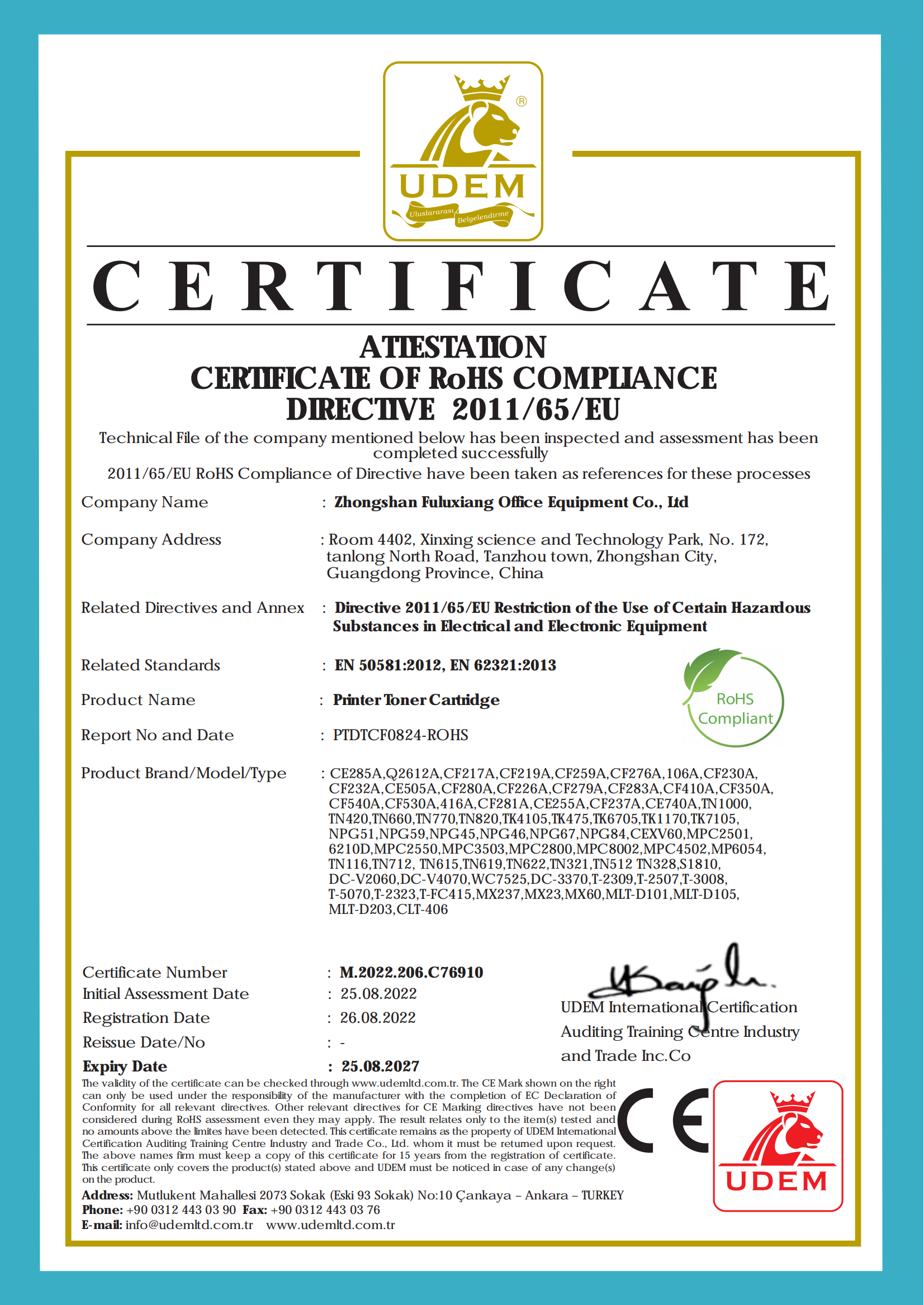 CERTIFICATE OF RoHS COMPLIANCE